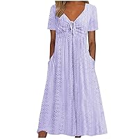Ruched Drawstring V Neck A-Line Dress Women Hollow Eyelet Short Sleeve Shirt Dress Summer Casual Midi Beach Dresses