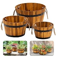Set of 3 Wooden Flower Boxes Outdoor, Durable Acacia Wood Barrel Planters for Outdoor Plants with Ergonomic Handles, Drainage Holes, Multiple Sizes Wood Bucket Planter for Home Décor