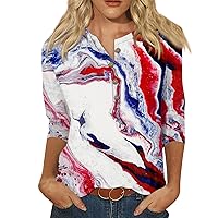 Fourth of July Shirts for Women 3/4 Sleeve Scoop Neck Tops Red White Blue Printed Graphic Tees Button Down Blouses