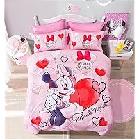 CASA 100% Cotton Kids Bedding Set Girls Minnie Pink Duvet Cover and Pillow Cases and Fitted Sheet,4 Pieces,Queen