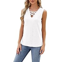 Sleeveless Tops for Women，Womens Tank Tops Eyelet Embroidery V Neck Loose Casual Summer Flowy Blouse Sexy Tanks