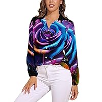 Colorful Rose Women's Button Down Shirt V Neck Long Sleeve Blouses Fashion T-Shirt Tops