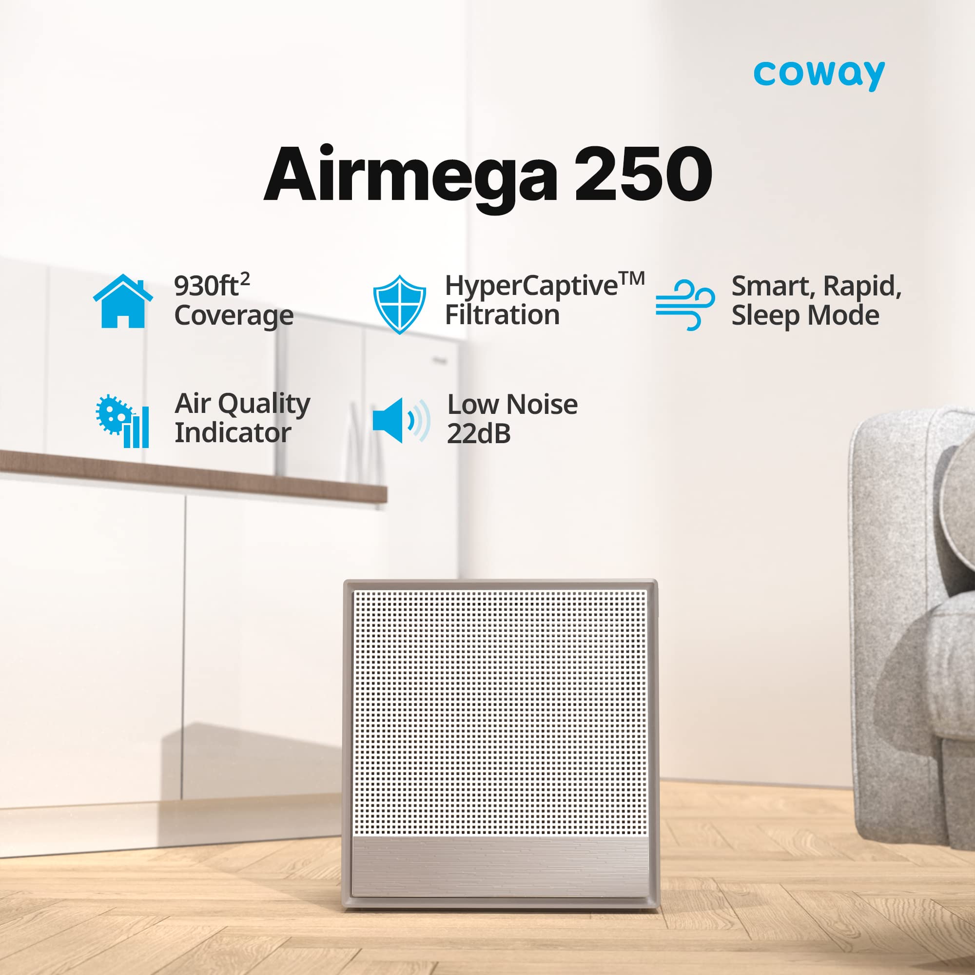 Coway Airmega 250 Smart Air Purifier, True HEPA Air Purifier with Smart Technology, Covers 930 sq. ft.