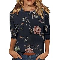 3/4 Sleeve T Shirts for Women, Women's Fashion Casual 3/4 Sleeve Print Stand Collar Pullover Top