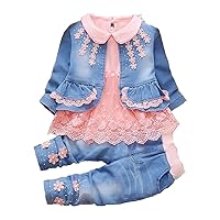 Peacolate 6M-4Years Spring Fall Baby Girls Clothing Set 3pcs Long Sleeve Dress Denim Jacket and Jeans(Orange,3-4Years)