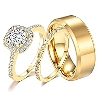 CEJUG 1.5Ct Cz Wedding Ring Sets for Him and Her Womens Mens Titanium Stainless Steel Rings Bands 18k Gold Couple Rings