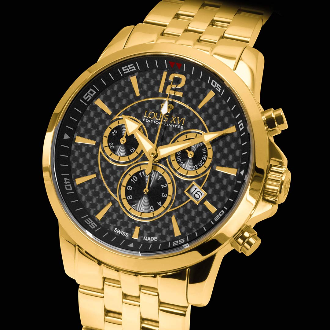 LOUIS XVI Herren-Armbanduhr Athos Stahlband Gold Schwarz Karbon Chronograph Analog Quarz Edelstahl 800