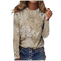 XHRBSI Women's Fashion Casual Long Sleeve Print Round Neck Pullover Top Blouse Dress Shirts for Women