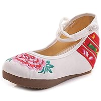 Qianmome Chinese Womens Peony Embroidery Cheongsam Casual Platform Wedges Canvas Mary Jane