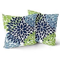 Kawani Navy Blue Green Pillow Covers 16x16 Light Blue Dahlias Flowers Modern Rustic Decorative Cotton Couch Pillow Cases with Zipper Set of 2 Home Decor for Living Room Bedroom Bed Cushion Outdoor