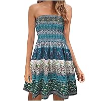 Tube Top Dress Womens Boho Floral Print Dresses Summer Beach Casual Sundress Mini A-Line Strapless Tunic Flowy Dress
