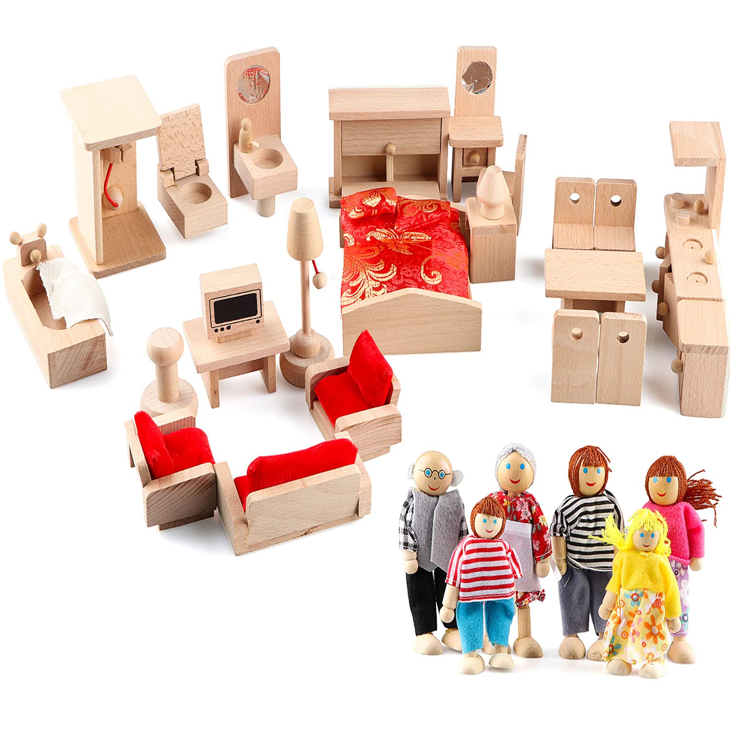 5 Set Dollhouse Furniture Accessories Wooden Bathroom/Living Room/Dining Room/Bedroom/Kitchen House 6 Family Doll Decoration Pretend Play Kids Girls Toys 40 Pcs