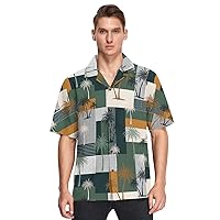 Palm Tree on Patchwork Hawaiian Shirt for Men,Men's Casual Button Down Shirts Short Sleeve for Men S