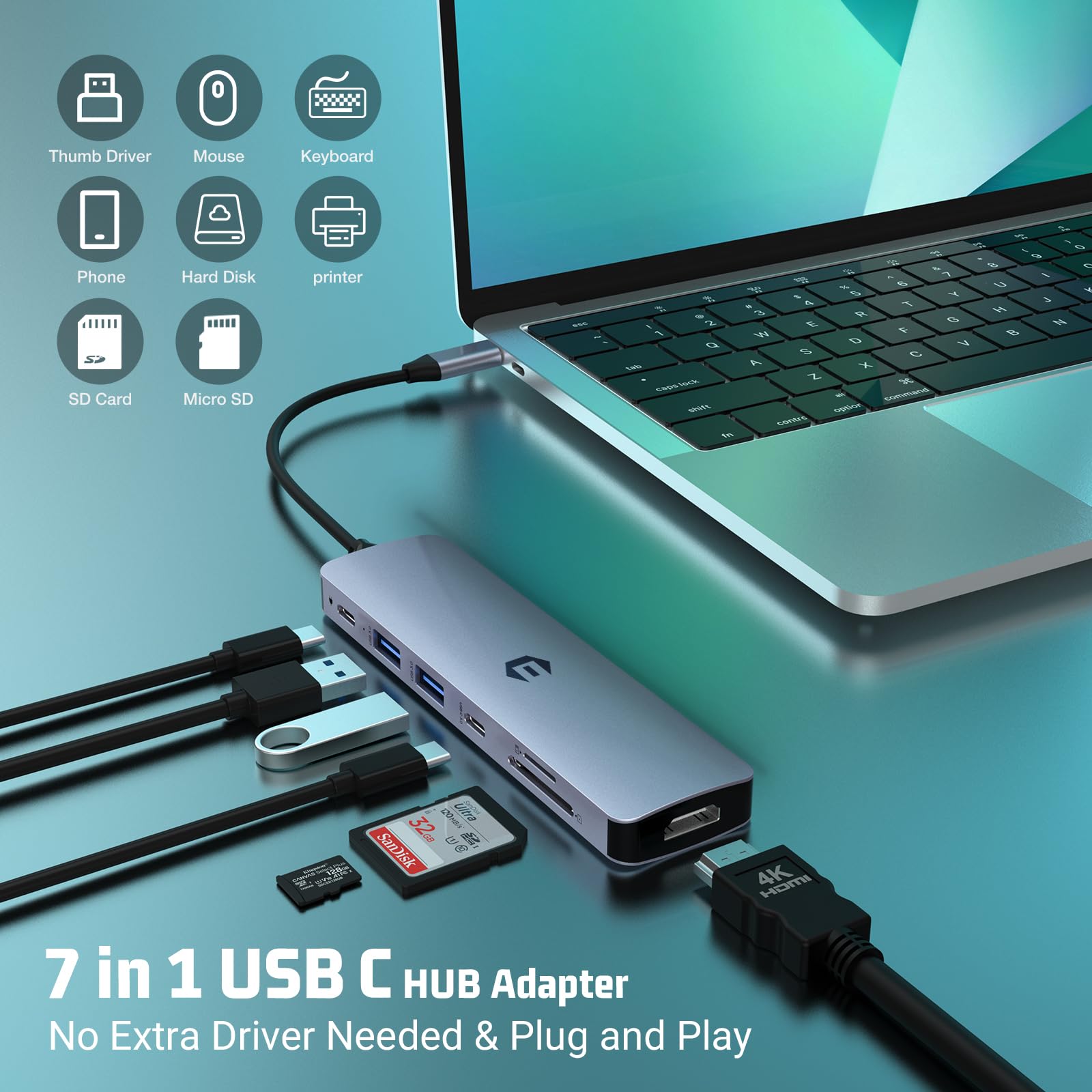 oditton USB C HUB, 7 in 1 Hub Adapter, HDMI Output, 100W PD, USB C 3.0, 2 x USB 3.0, SD and Micro SD Card Reader, Ideal for USB C Laptops Dell XPS/HP/Surface and More Type C Devices