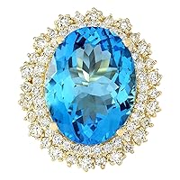 18.42 Carat Natural Blue Topaz and Diamond (F-G Color, VS1-VS2 Clarity) 14K Yellow Gold Luxury Cocktail Ring for Women Exclusively Handcrafted in USA