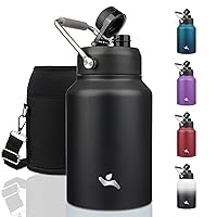 Half Gallon Jug with Handle,64oz Insulated Water Bottle with Carrying Pouch,Double Wall Vacuum Stainless Steel Metal Bottle,Black