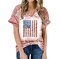 Women Tie Dye American Flag Casual T-Shirts Summer July 4th Short Sleeve V Neck Trendy Patriotic Tops for Going Out