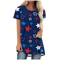 Cute Stars Print Tunic Tops Womens 4th of July Patriotic Shirts Summer Casual Short Sleeve Round Neck Flowy Blouses