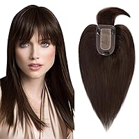 Hair Toppers for Women Real Human Hair, 150% Density Silk Base Clip in Hair Extensions, Short Hair Topper Hair Pieces for Women with Thining Hair, Cover Gray Hair, With Bangs 12 Inch #02