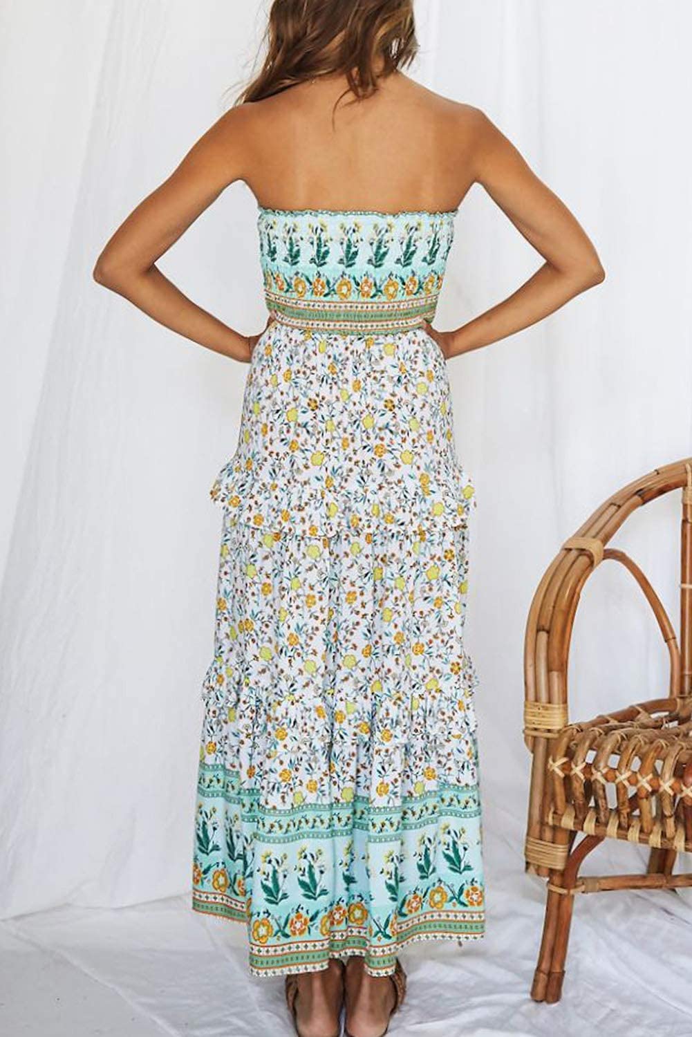 ZESICA Women's 2023 Summer Bohemian Floral Printed Strapless Beach Party Long Maxi Dress