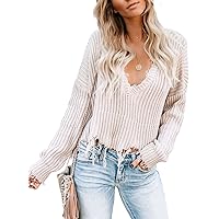 Kissonic Women's V Neck Loose Pullover Sweaters Long Sleeve Knit Sweater Ripped Distressed Crop Top