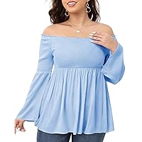 Pinup Fashion Women's Plus Size Off The Shoulder Tops Summer Long Bell Sleeve Smocked Tunic Tops 1X-5X