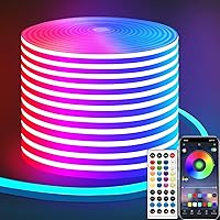 50ft LED Neon Strip Light with Remote APP Control IP65 Waterproof Flexible neon LED Rope Lights 24V RGB neon LED Lights for Bedroom Room Outdoors Décor