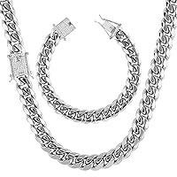 putouzip Miami Cuban Link Chain Set For Men 18K Gold Plated Stainless Steel 10/12mm Curb Bracelet Necklace Diamond Chains