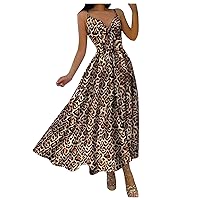 Women's Bohemian Swing Dress Casual Loose-Fitting Summer Print Sleeveless Long Beach V-Neck Trendy Glamorous Flowy Beige