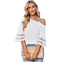 2023 Women Summer Loose Fitting Chiffon Blouse 3/4 Bell Sleeve Mesh Panel Shirt One Off Shoulder Metallic Buckle Top White XL