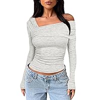 Darong Women's One Off Shoulder Long Sleeve Top Ruched Going Out Tops Slim Fit Y2K Shirt Crop Top