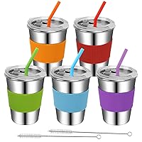 Toddler Cups with Straws, 18/8 Stainless Steel Children Smoothie Drinking Sippy Cups, Stacking & Reusable Kids Cups with Straws and Lids, 5 Pack, 12oz