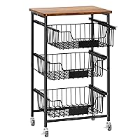 4-Tier Small Kitchen Storage Cart on Wheels, Metal Fruit Basket Stand with Pull-Out Baskets & Wood Top for Potato Onion Produce Snack Veggies