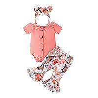 Toddler Baby Girl Summer 2Pcs Outfits Set Cold Shoulder Knit Ribbed Tops Romper Floral Bell Bottom Headband