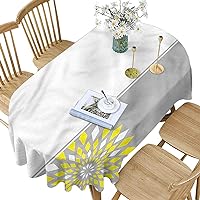 Grey and Yellow Polyester Oval Tablecloth,Border with Flowers Pattern Printed Washable Table Cloth Cover,60x144 Inch Oval,for Buffet Table, Parties, Holiday Dinner, Wedding & More