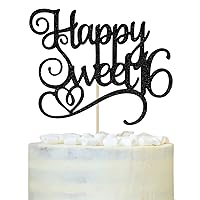 Happy Sweet 16 Cake Topper, Sweet 16 Birthday Decorations, Happy 16th Birthday Decorations for Girls/Boys Black Glitter