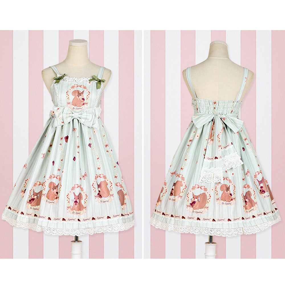 BLESSI Women's Sweet High Waist Squirrel Printing JSK Lace Bow Lolita Dress