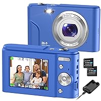 Digital Camera, RUAHETIL FHD 1080P 36MP 2.4 Inch LCD Vlogging Camera for Kids, 16X Zoom 2 Charging Modes Kids Compact Camera Point and Shoot Camera for Kids Teens Students Beginners（Blue）