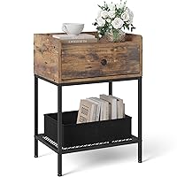 Y&M Nightstand, 2-Tier Side Table with Drawer, Modern Bedside Table Night Stand Storage Shelf for Small Spaces, Bedroom, Living Room, Wooden Accent Table with Metal Frame - Rustic Brown and Black