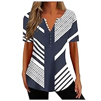 Button Down Shirts for Women Geometry Printed Tunic Summer Tops Dressy Casual Bell Short Sleeve V Neck Spring Blouses