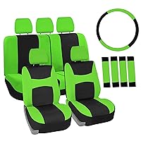 Automotive Seat Covers Green Universal Fit Combo Set with Steering Wheel Cover and Seat Belt Pad fits most Cars, SUVs, and Trucks (Airbag Compatible and Split Bench) FH Group FB030GREEN-COMBO