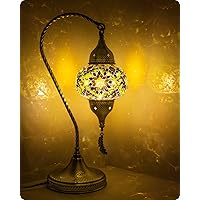Yarra-Decor Turkish Moroccan Mosaic Table Lamp with Bronze Base - 3 Color Options Handmade Swan Neck Tiffany Mosaic Glass Bedside Lamps for Bedroom, 19