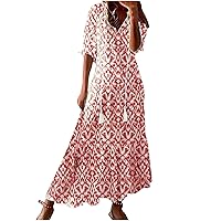 Womens Loose Casual Maxi Long Dresses Summer Lace-Up V Neck Half Sleeve Bohemian Beach Dress Vintage Ethnic Sundresses