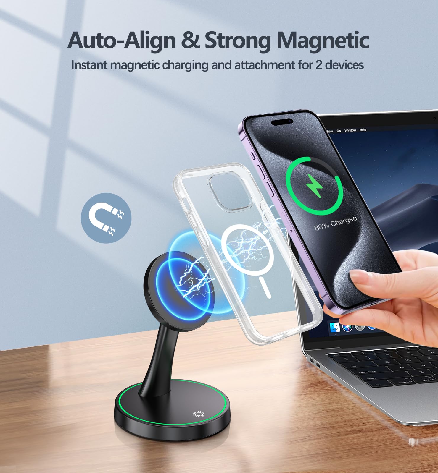 Magnetic Wireless Charger Stand 15W Fast Mag-Safe Charger for iPhone 15/15 Pro/15 Plus/15 Pro Max/14/13/12 Series Magnet Wireless Charging Station/Pad with Sleep-Friendly Light for AirPods 3/Pro/Pro 2