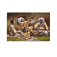 Native American Canvas Wall Art, Indian Warriors Smoking Peace Pipes, American Indian Tribal Art Pai Wall Art Paintings Canvas Wall Decor Home Decor Living Room Decor Aesthetic 16x24inch(40x60cm) Un