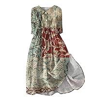Summer Dresses for Women 2024 Casual Vintage Printed Lapel Buttoned 3/4 Sleeve Strappy Dress