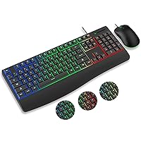 Wired Keyboard and Mouse Combo - Light Up Letters, Wrist Rest, 3-Color Backlit, 4 DPI Adjustable RGB Mouse, Ergonomic Full-Size Keyboard, Quiet Click for Computer, Laptop, Windows, Mac, EDJO
