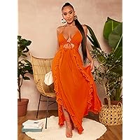 2023 Women's Dresses Tie Front Ruffle Trim Asymmetrical Hem Halter Dress Women's Dresses (Color : Orange, Size : X-Small)