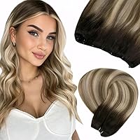 LaaVoo Micro Beaded Weft Hair Extensions Ombre 16 Inch 50G Bundle Real Human Hair Weft Extensions 16 inch Brown Balayage Sew in Hair Extensions Real Human Hair 100g