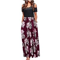 Women's Bohemian Round Neck Trendy Beach Swing Print Dress Casual Summer Flowy Short Sleeve Long Floor Maxi